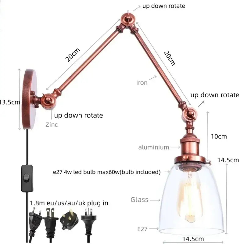 Industrial copper adjustable glass swing arm wall sconce bedroom light