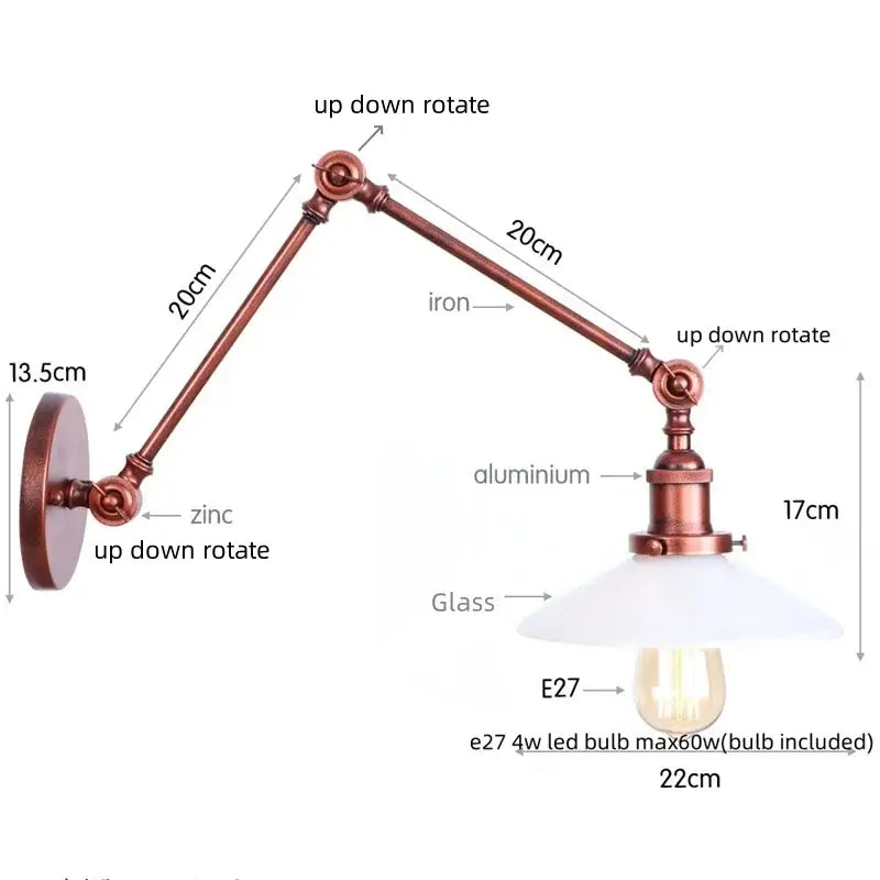 Industrial copper adjustable glass swing arm wall sconce bedroom light