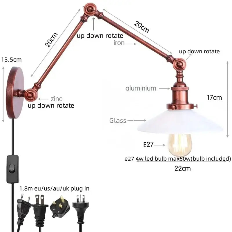 Industrial copper adjustable glass swing arm wall sconce bedroom light