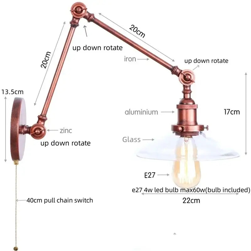 Industrial copper adjustable glass swing arm wall sconce bedroom light