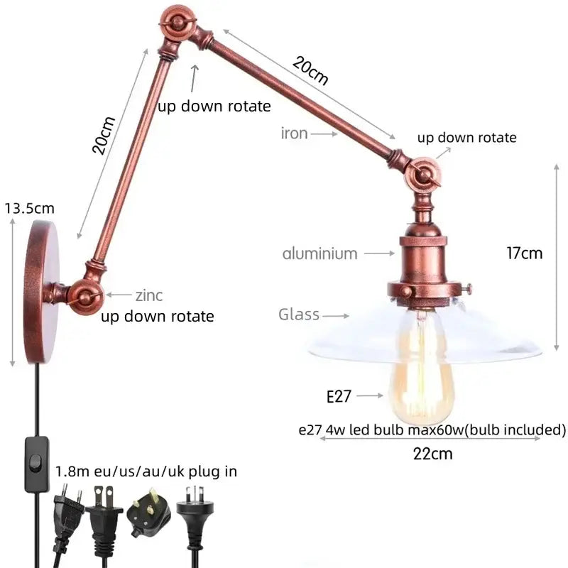 Industrial copper adjustable glass swing arm wall sconce bedroom light