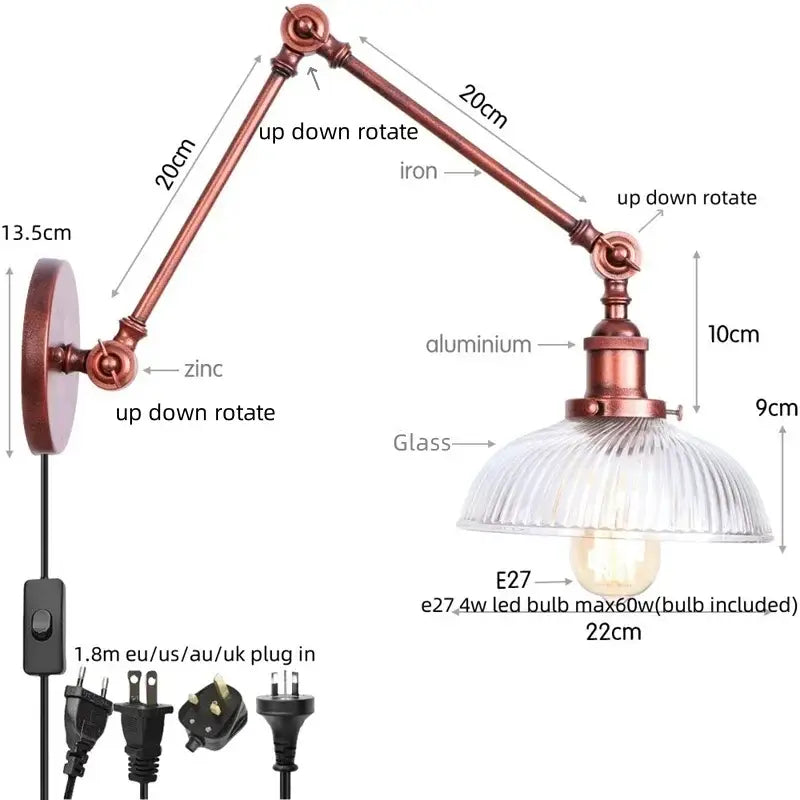 Industrial copper adjustable glass swing arm wall sconce bedroom light