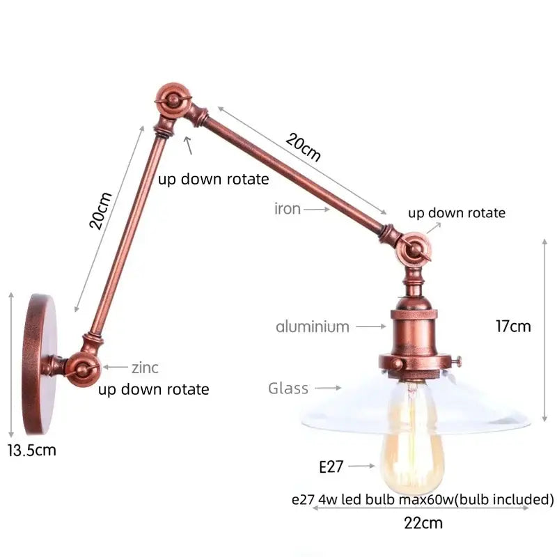 Industrial copper adjustable glass swing arm wall sconce bedroom light