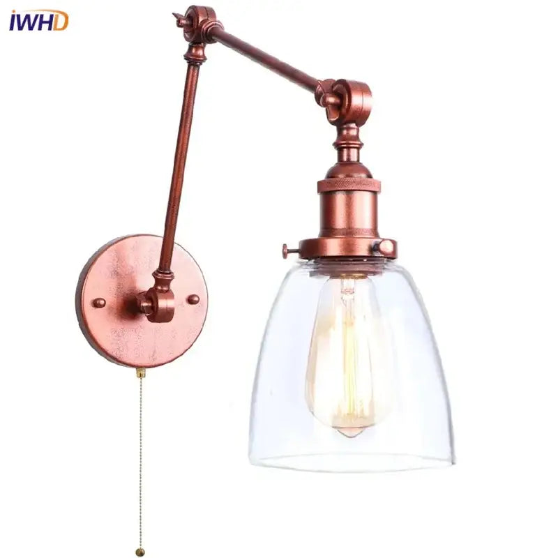 Industrial copper adjustable glass swing arm wall sconce bedroom light