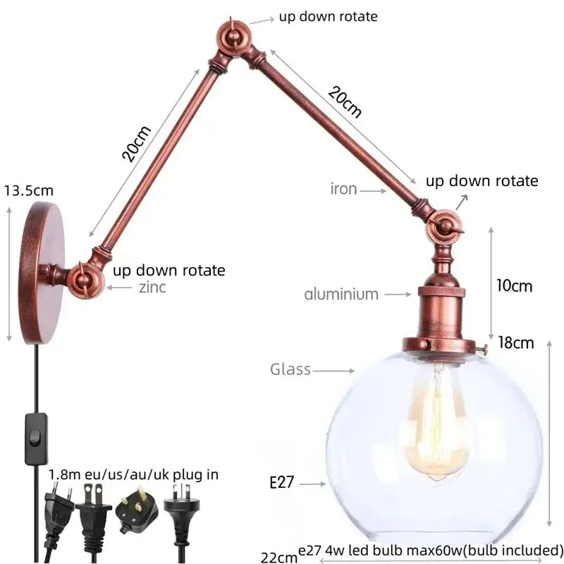 Industrial copper adjustable glass swing arm wall sconce bedroom light