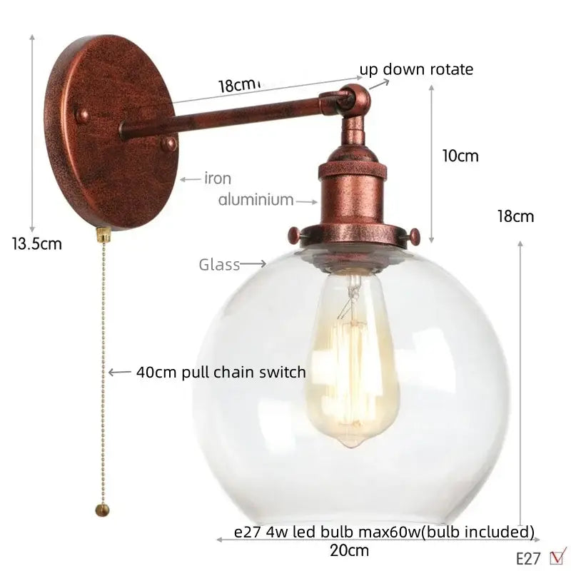 Industrial copper glass globe led bedside lamp bedroom sconce