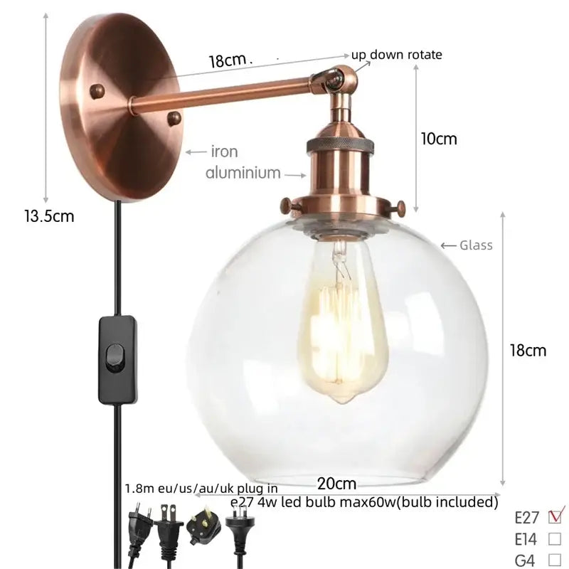 Industrial copper glass globe led bedside lamp bedroom sconce