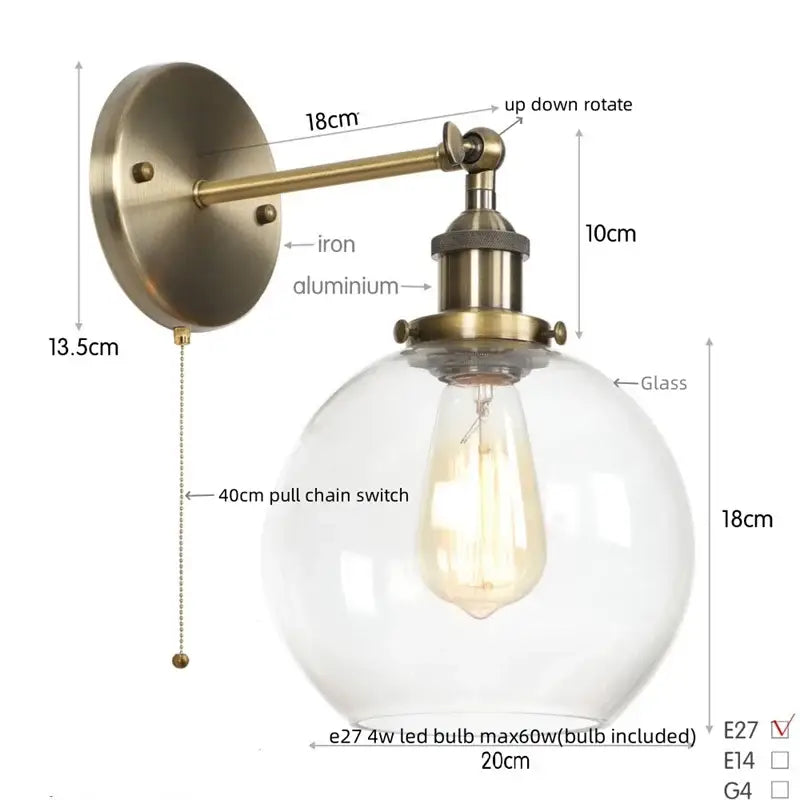 Industrial copper glass globe led bedside lamp bedroom sconce