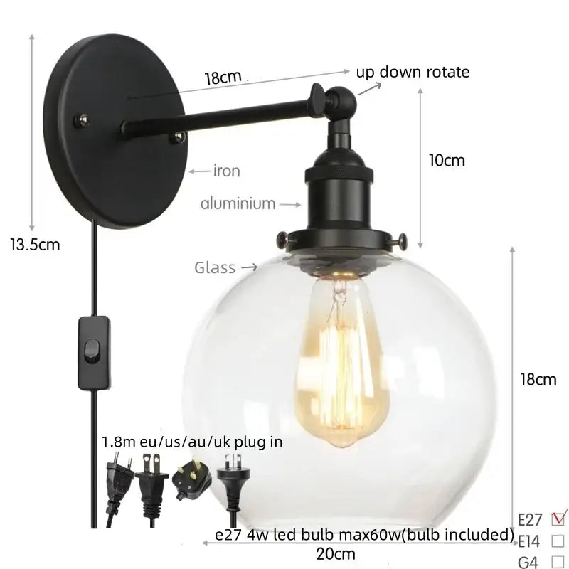 Industrial copper glass globe led bedside lamp bedroom sconce