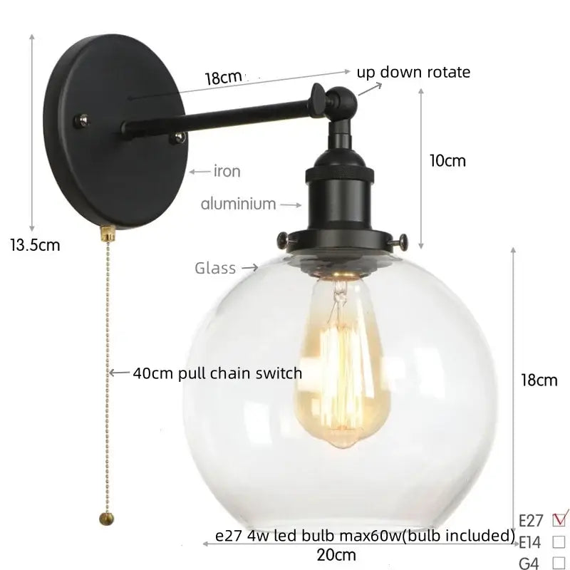 Industrial copper glass globe led bedside lamp bedroom sconce