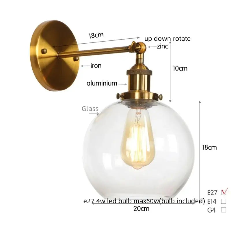 Industrial copper glass globe led bedside lamp bedroom sconce