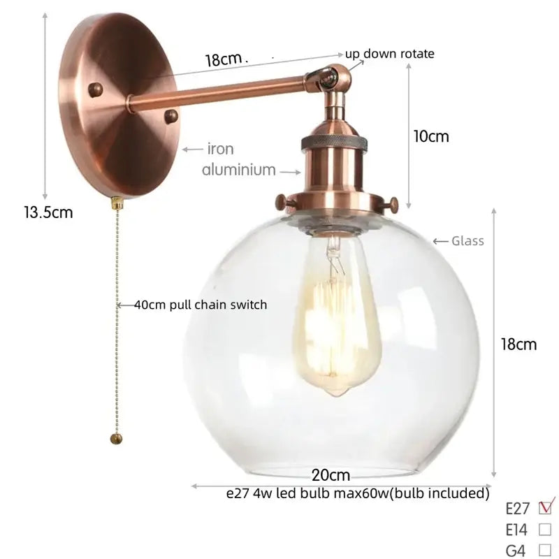 Industrial copper glass globe led wall sconce bedroom light