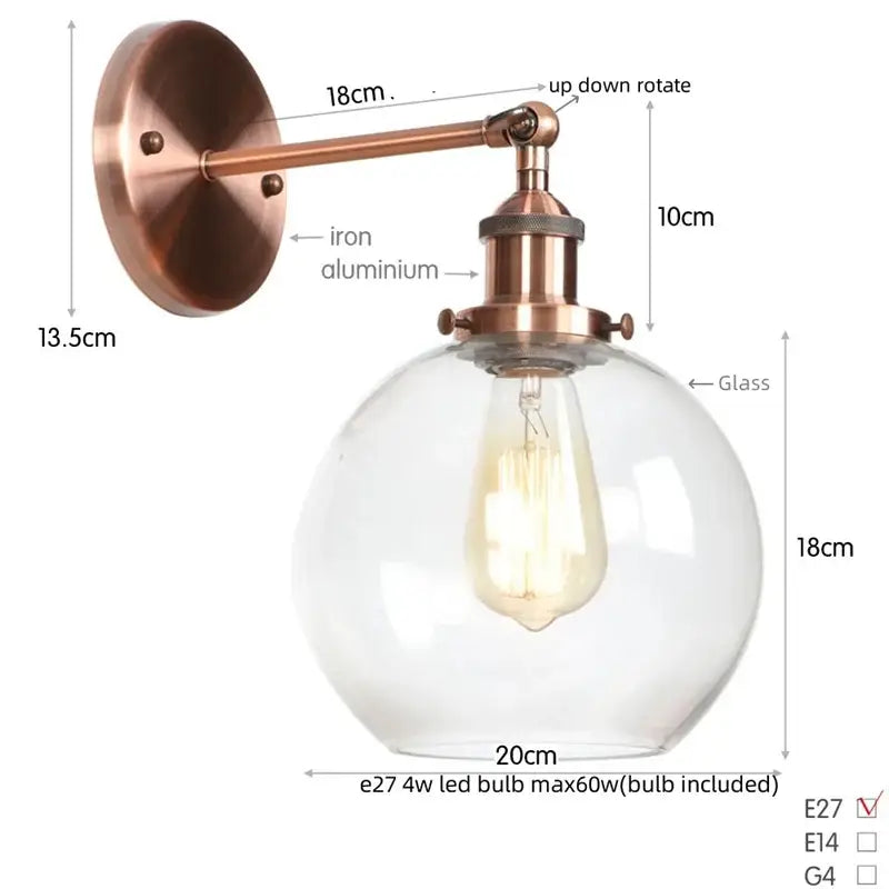 Industrial copper glass globe led wall sconce bedroom light