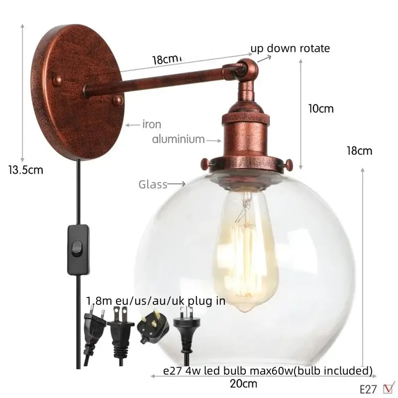 Industrial copper glass globe led wall sconce bedroom light