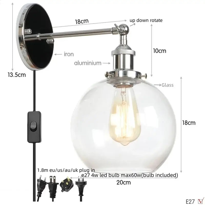 Industrial copper glass globe led wall sconce bedroom light