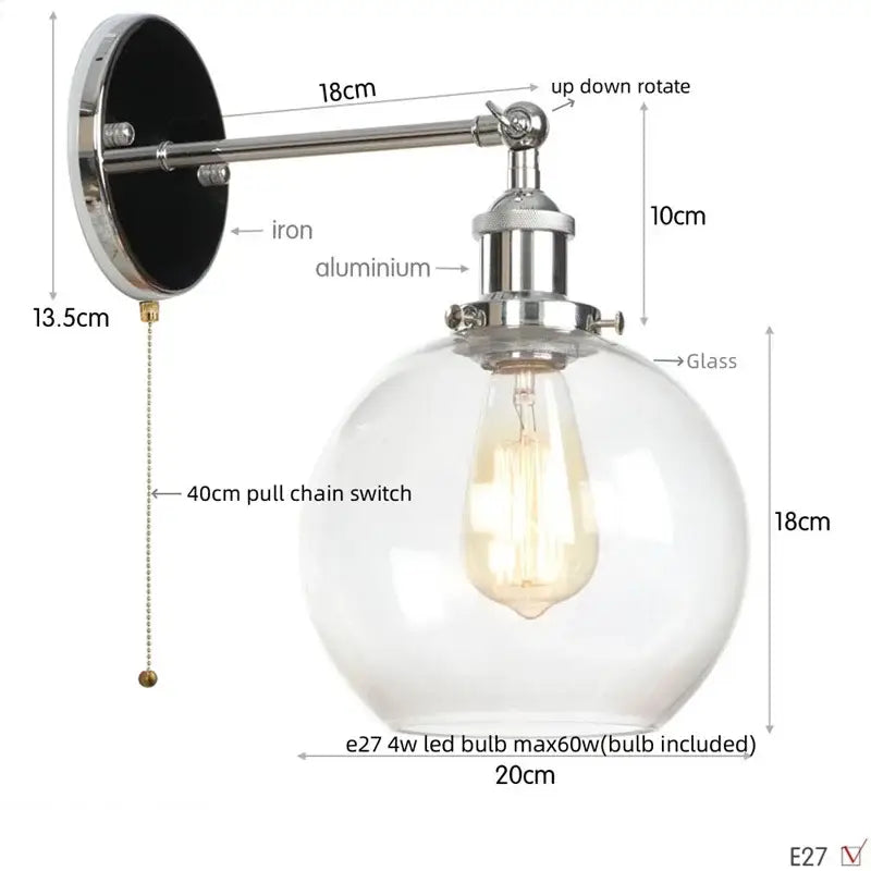 Industrial copper glass globe led wall sconce bedroom light