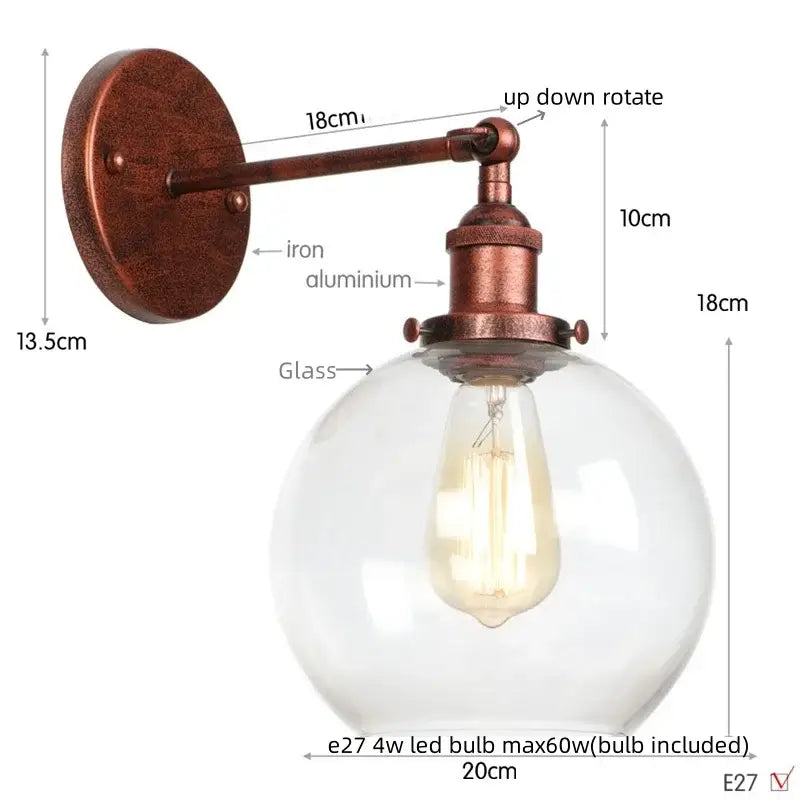 Industrial copper glass globe led wall sconce bedroom light