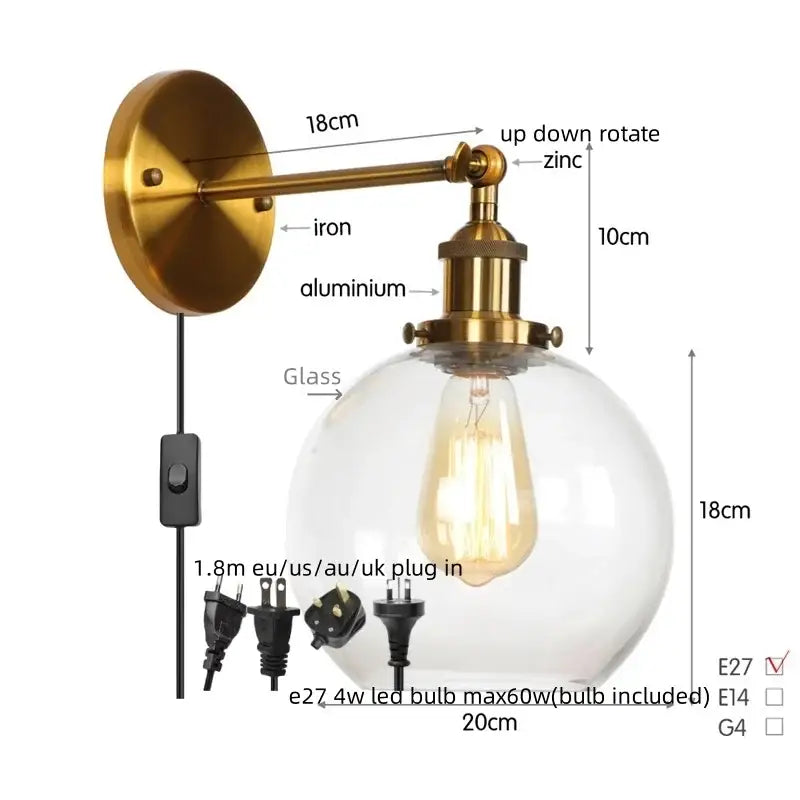 Industrial copper glass globe led wall sconce bedroom light