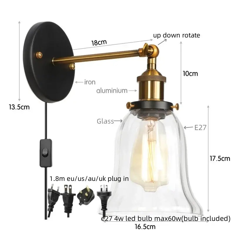 Industrial copper wall light with clear glass shade bedroom sconce