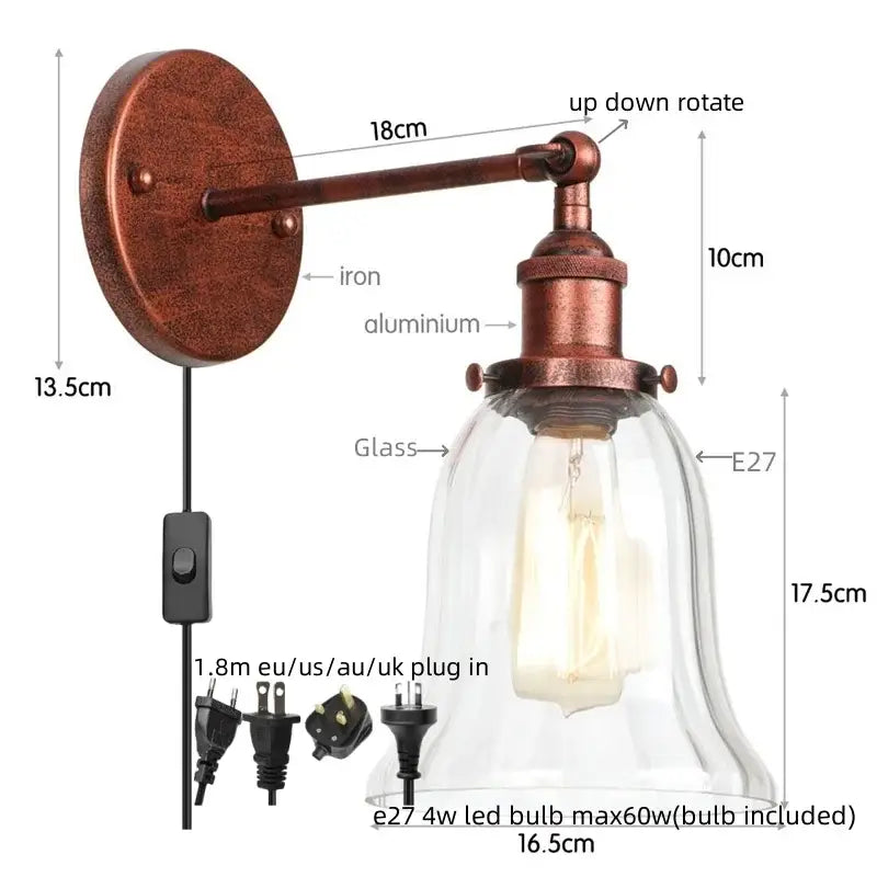 Industrial copper wall light with clear glass shade bedroom sconce
