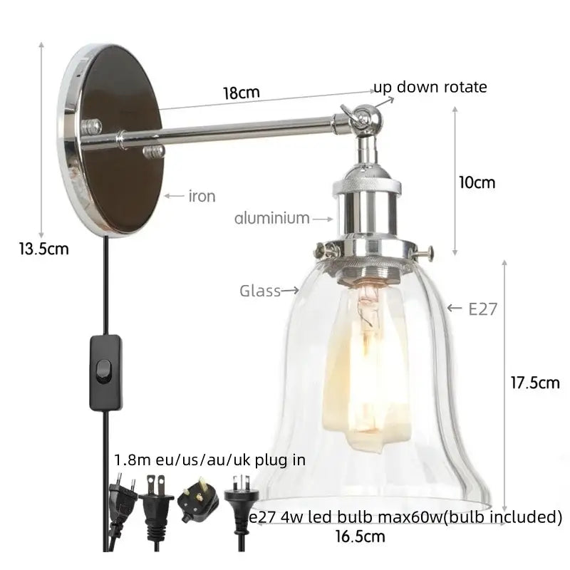 Industrial copper wall light with clear glass shade bedroom sconce