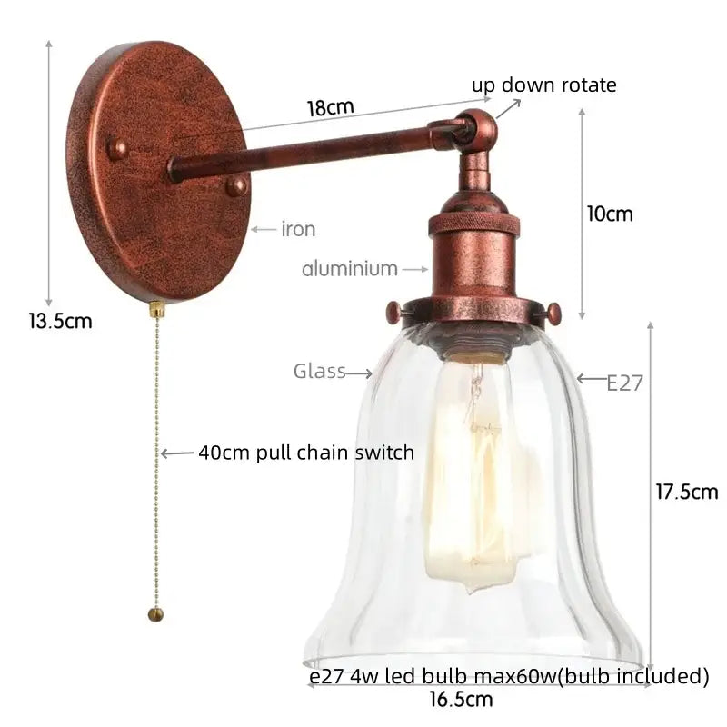 Industrial copper wall light with clear glass shade bedroom sconce