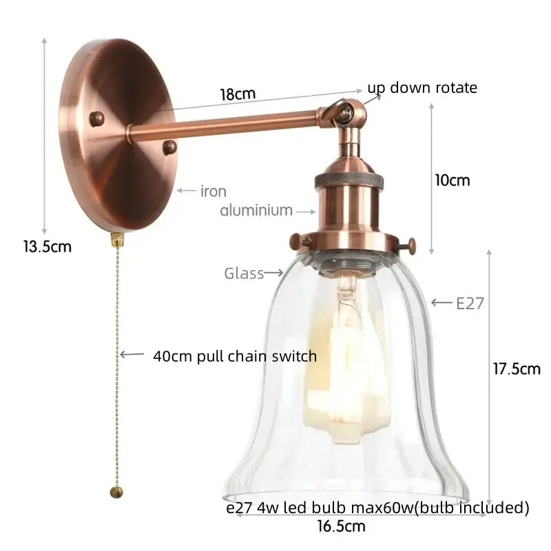 Industrial copper wall light with clear glass shade bedroom sconce