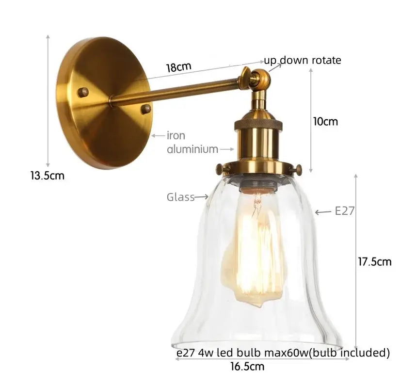 Industrial copper wall light with clear glass shade bedroom sconce