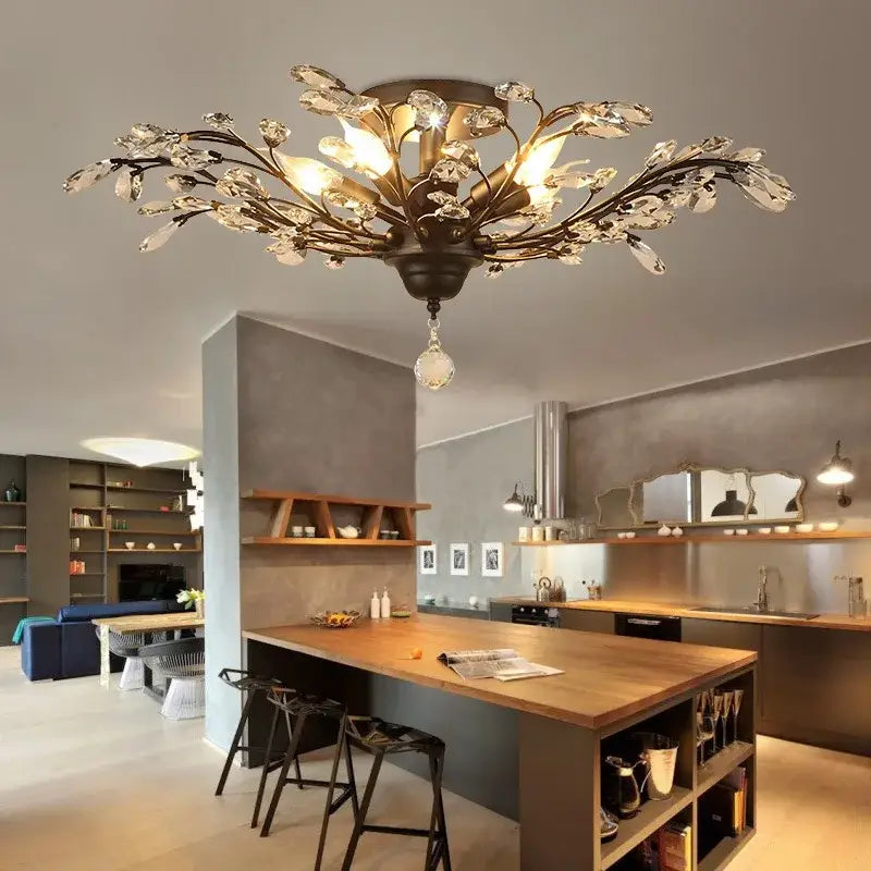 Industrial crystal chandelier antique bronze branch dining room light