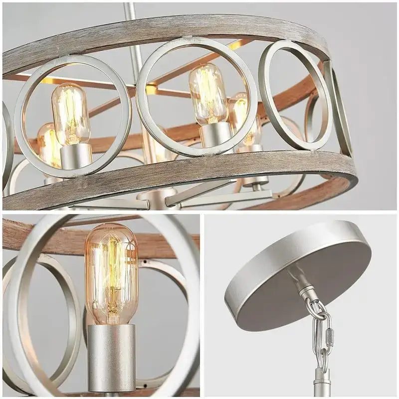 Industrial farmhouse chandelier wood & black metal dining room light