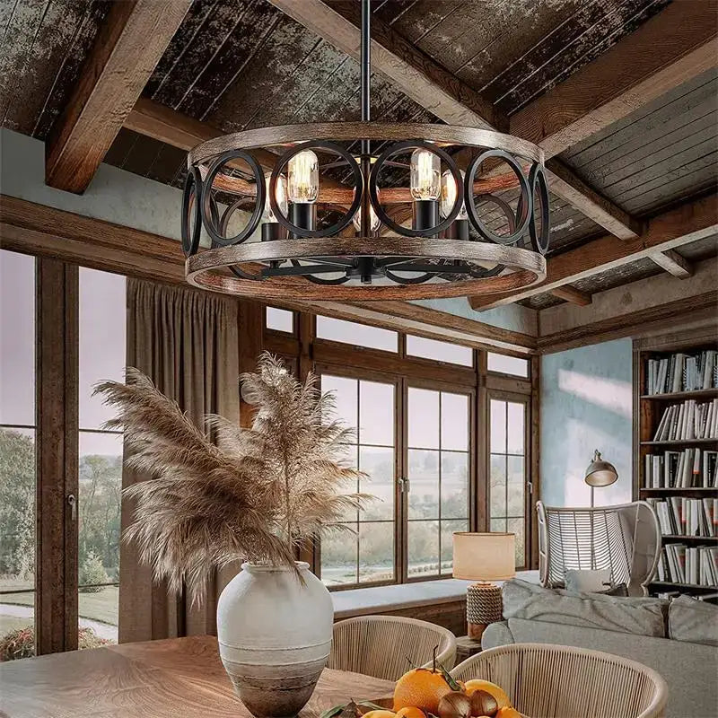 Industrial farmhouse chandelier wood & black metal dining room light
