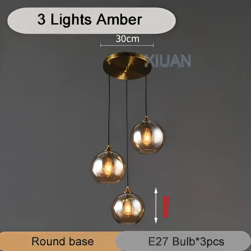 Industrial glass pendant light 3 spheres brass kitchen dining room