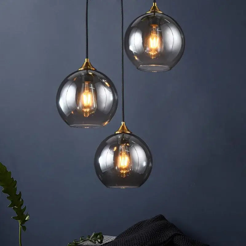 Industrial glass pendant light 3 spheres brass kitchen dining room