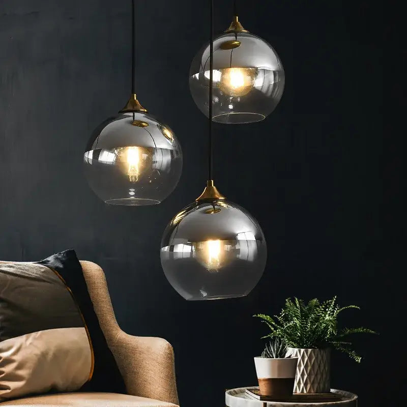 Industrial glass pendant light 3 spheres brass kitchen dining room