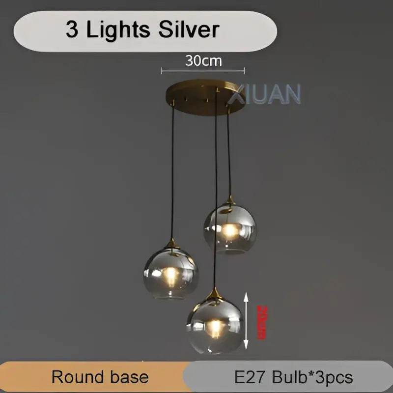 Industrial glass pendant light 3 spheres brass kitchen dining room