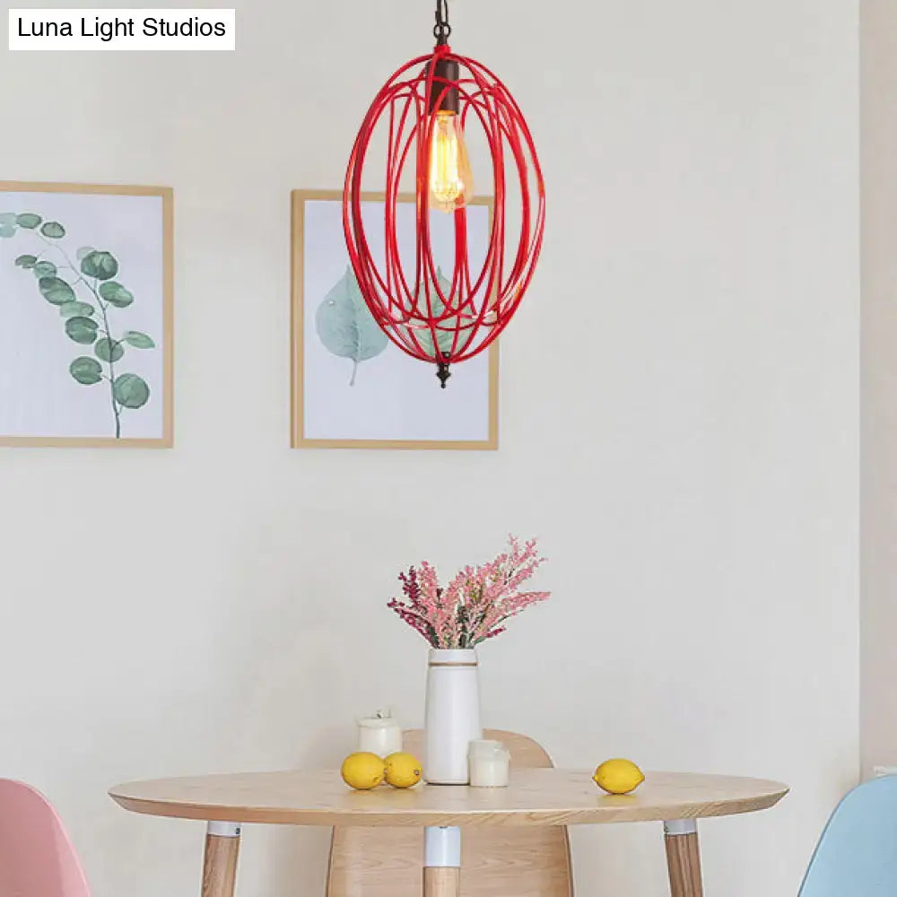 Industrial gray & red oval cage pendant light for restaurants