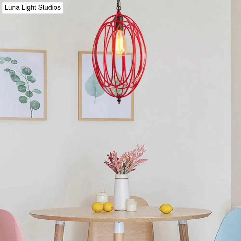 Industrial gray & red oval cage pendant light for restaurants