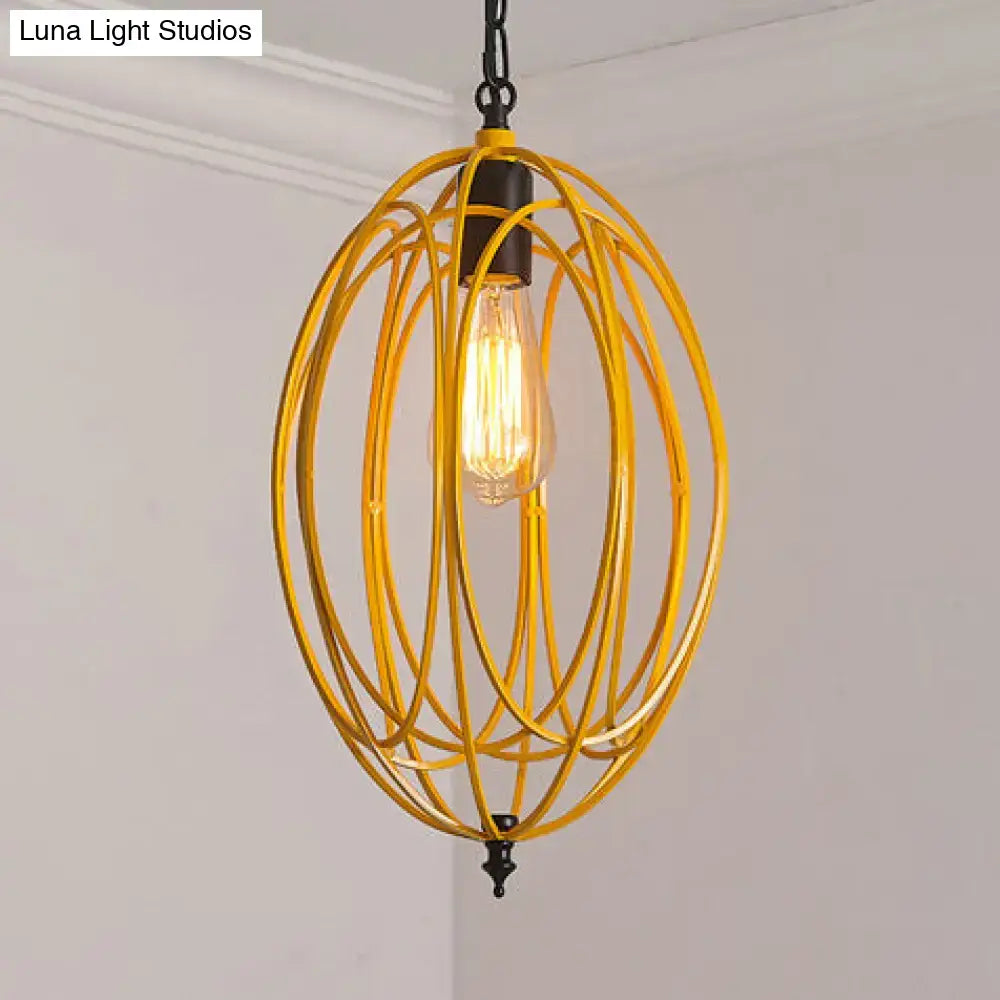 Industrial gray & red oval cage pendant light for restaurants