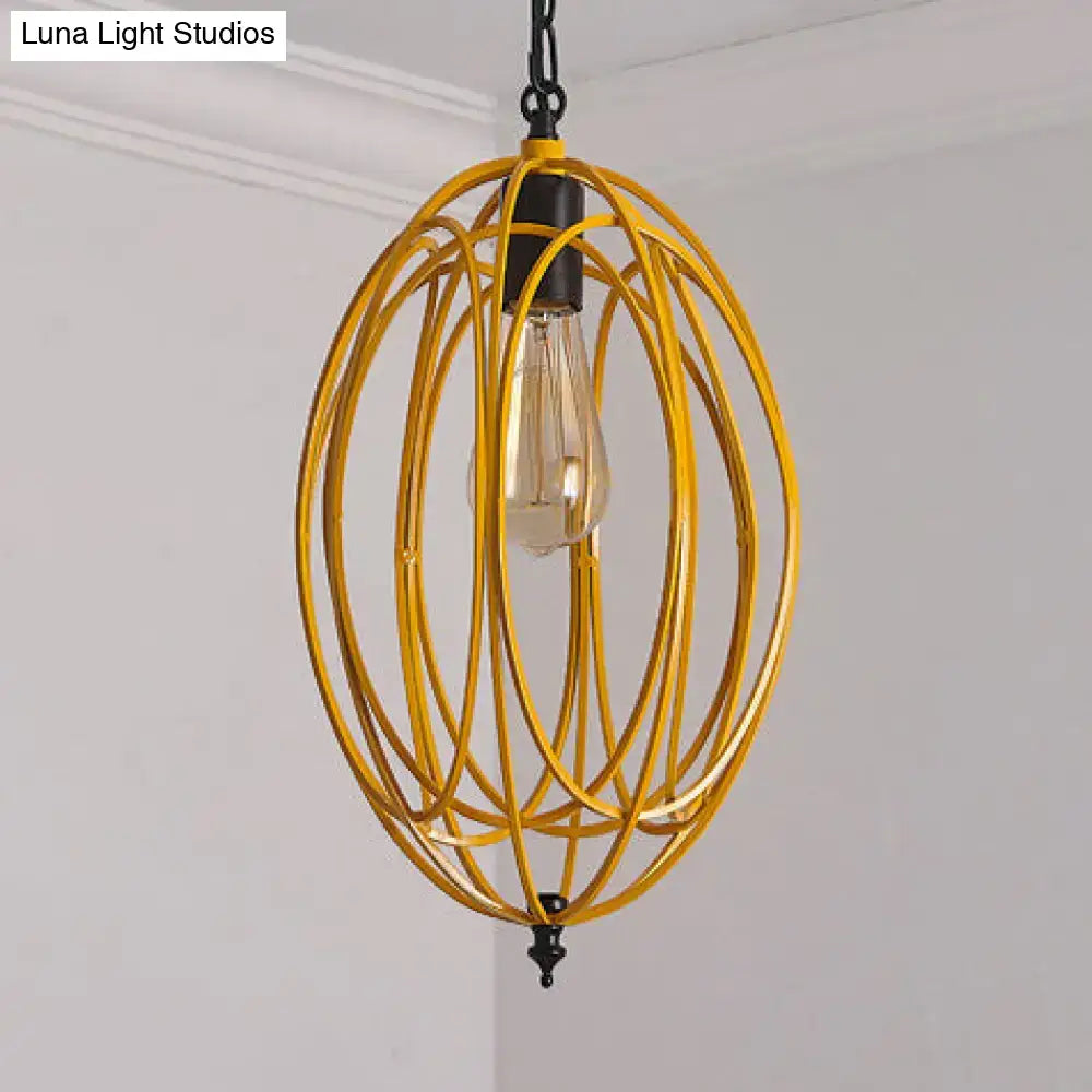 Industrial gray & red oval cage pendant light for restaurants