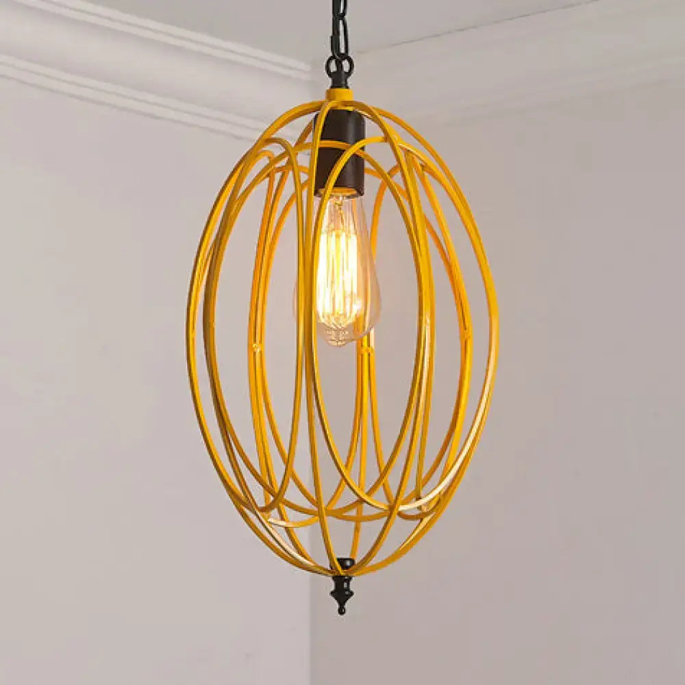 Industrial gray & red oval cage pendant light for restaurants