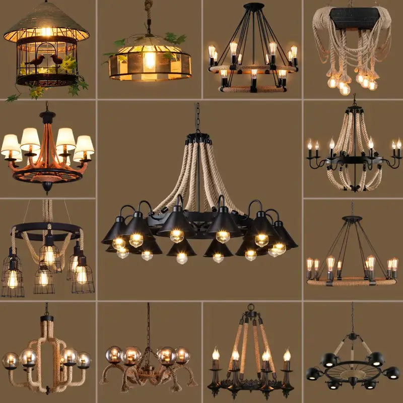 Industrial hemp rope pendant light dining room iron lampshade