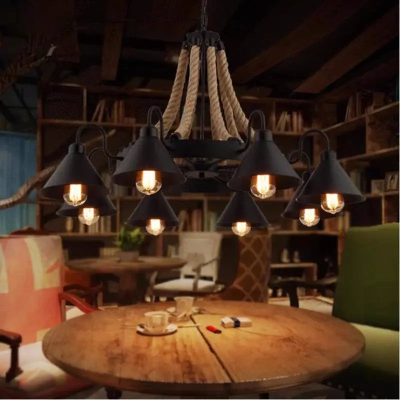 Industrial hemp rope pendant light dining room iron lampshade