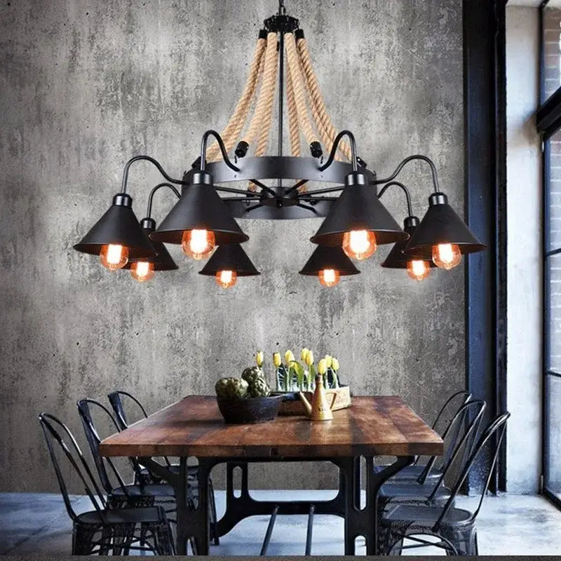 Industrial hemp rope pendant light dining room iron lampshade
