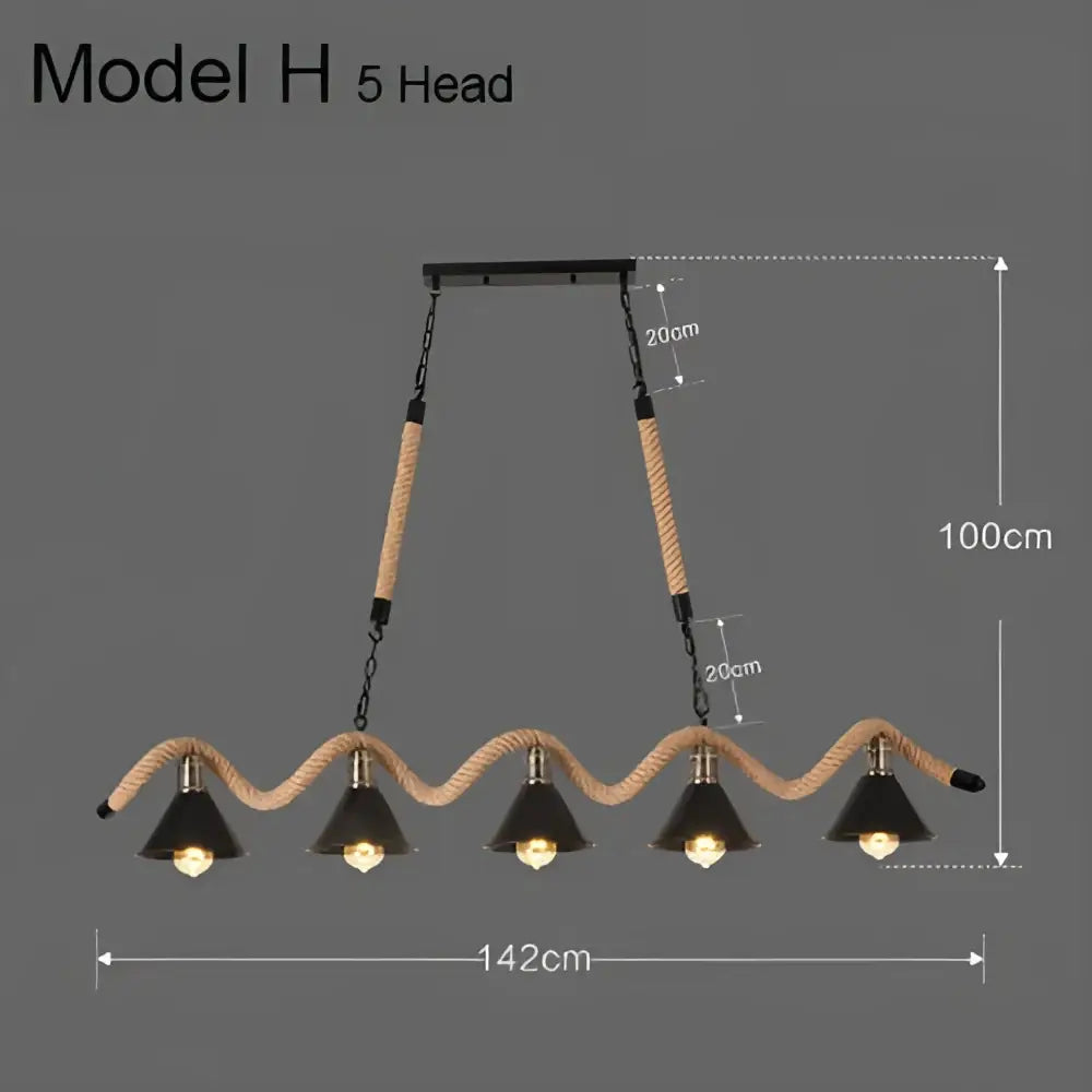 Industrial hemp rope pendant light with four black shades kitchen