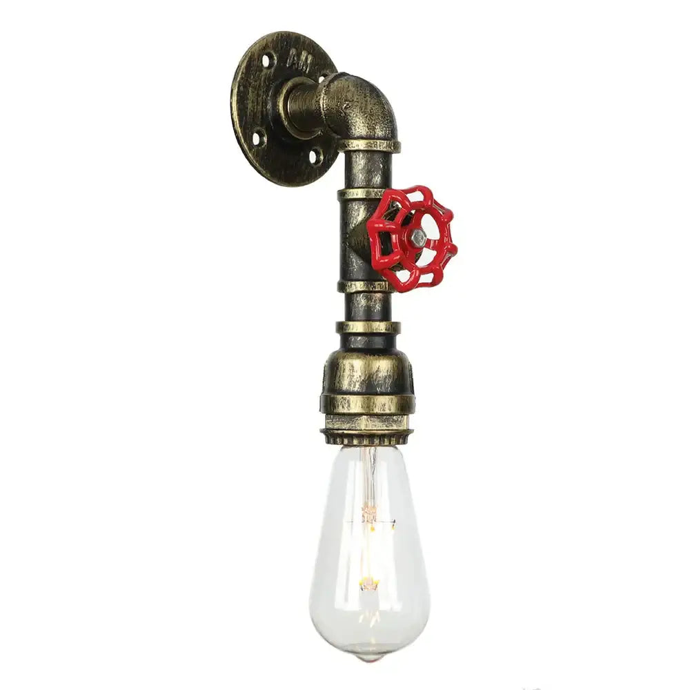 Industrial iron wall lamp brass pipe with red valve for bedroom
