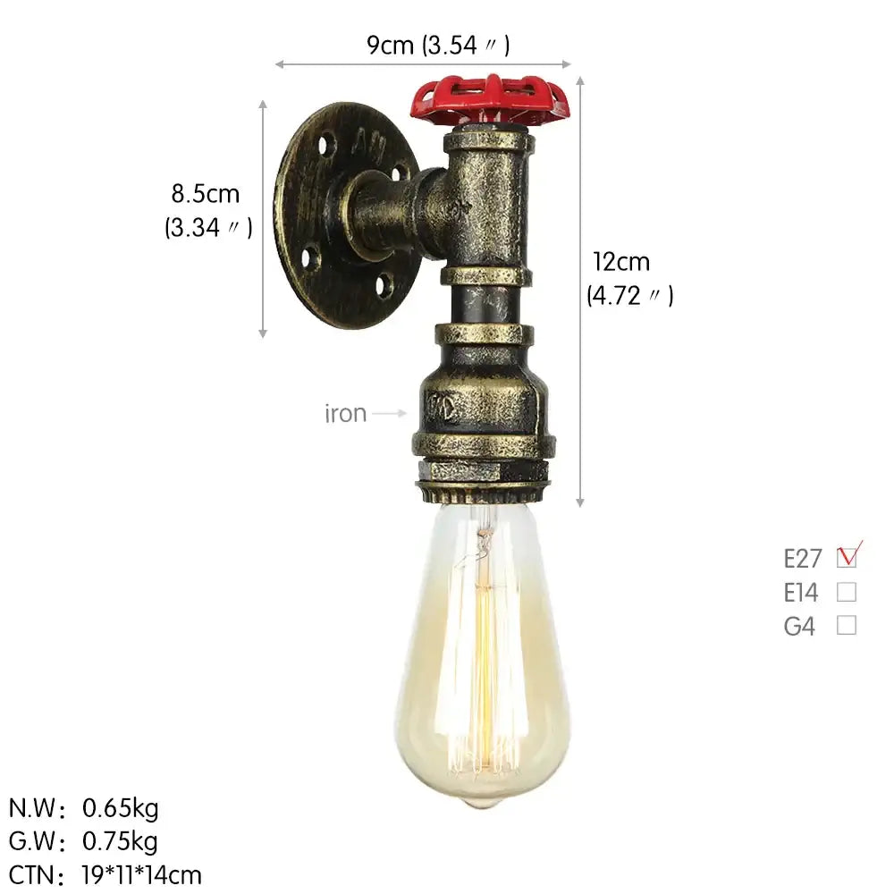 Industrial iron wall lamp brass pipe with red valve for bedroom