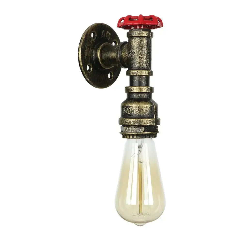 Industrial iron wall lamp brass pipe with red valve for bedroom
