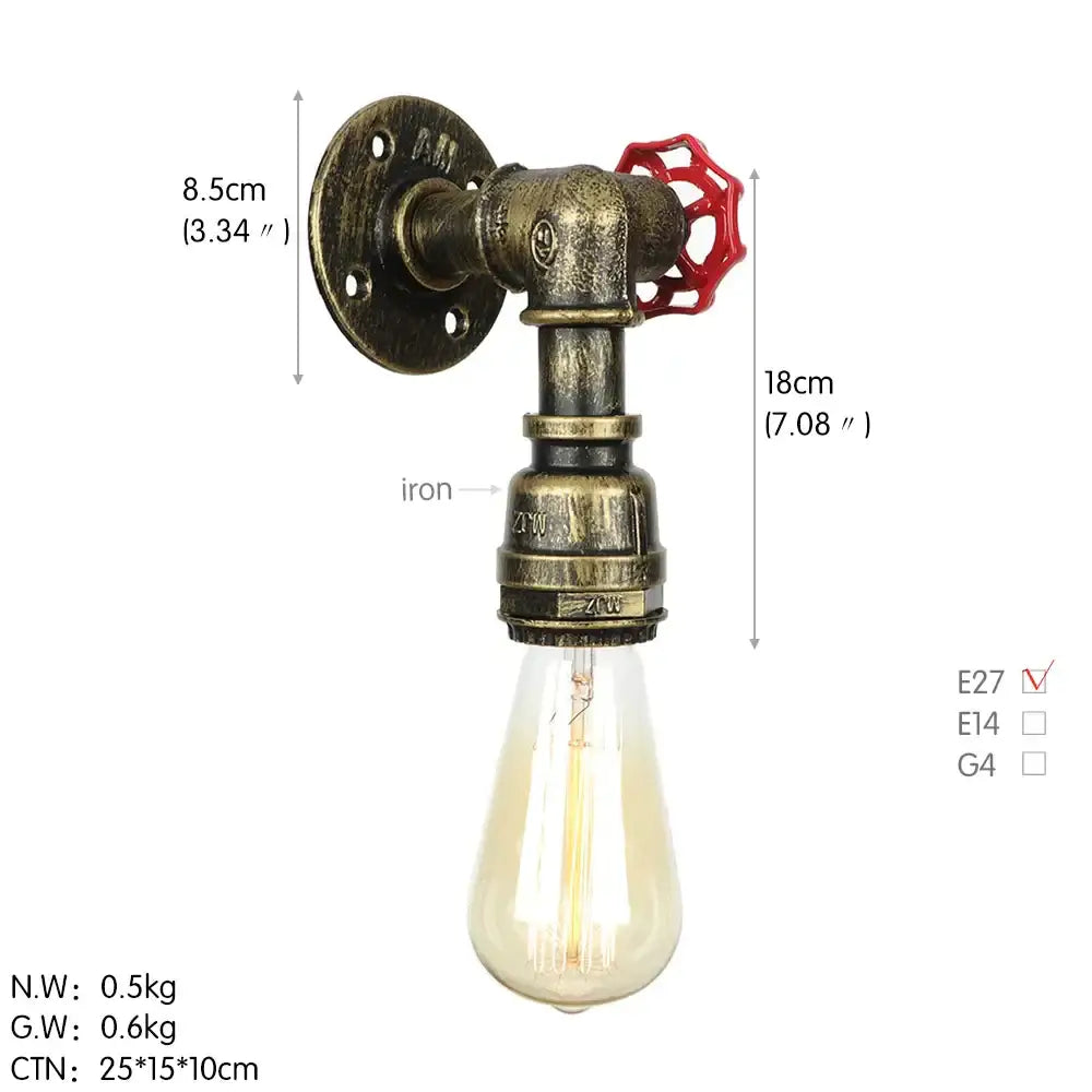 Industrial iron wall lamp brass pipe with red valve for bedroom