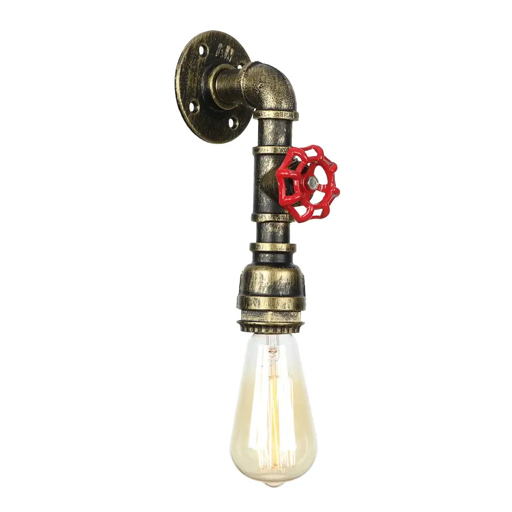 Industrial iron wall lamp brass pipe with red valve for bedroom