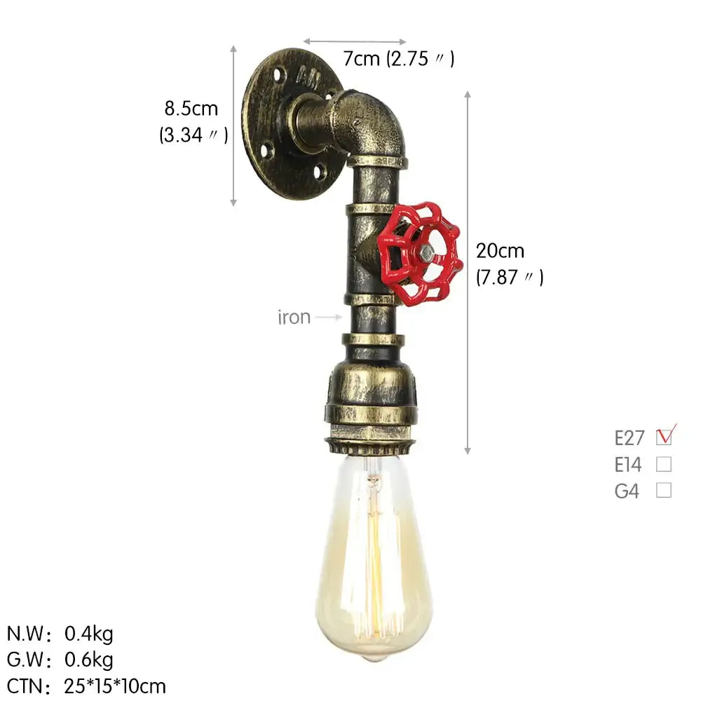 Industrial iron wall lamp brass pipe with red valve for bedroom